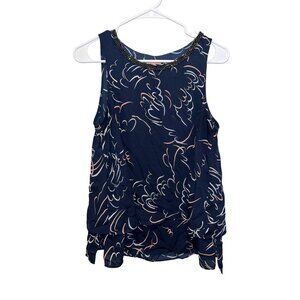 Juicy Couture Womens Beaded Neckline Navy Sleeveless Top With Abstract Print M